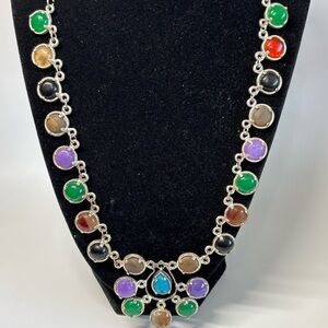 Multicolor Cabochon Stone Necklace Silver Tone Boho Artisan Drop Pendant 22”